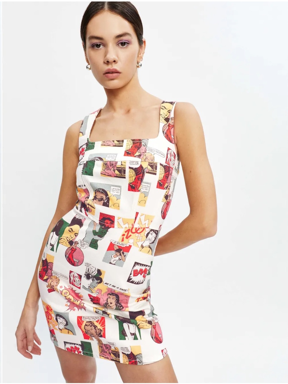 Reformation Davies Bustier Denim Mini Dress Comic Book Pop Art Print 4 NWT
